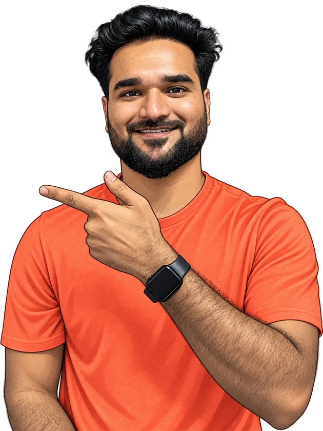 Illustration of Ajay Kumar smiling in a coral-orange shirt and pointing left.